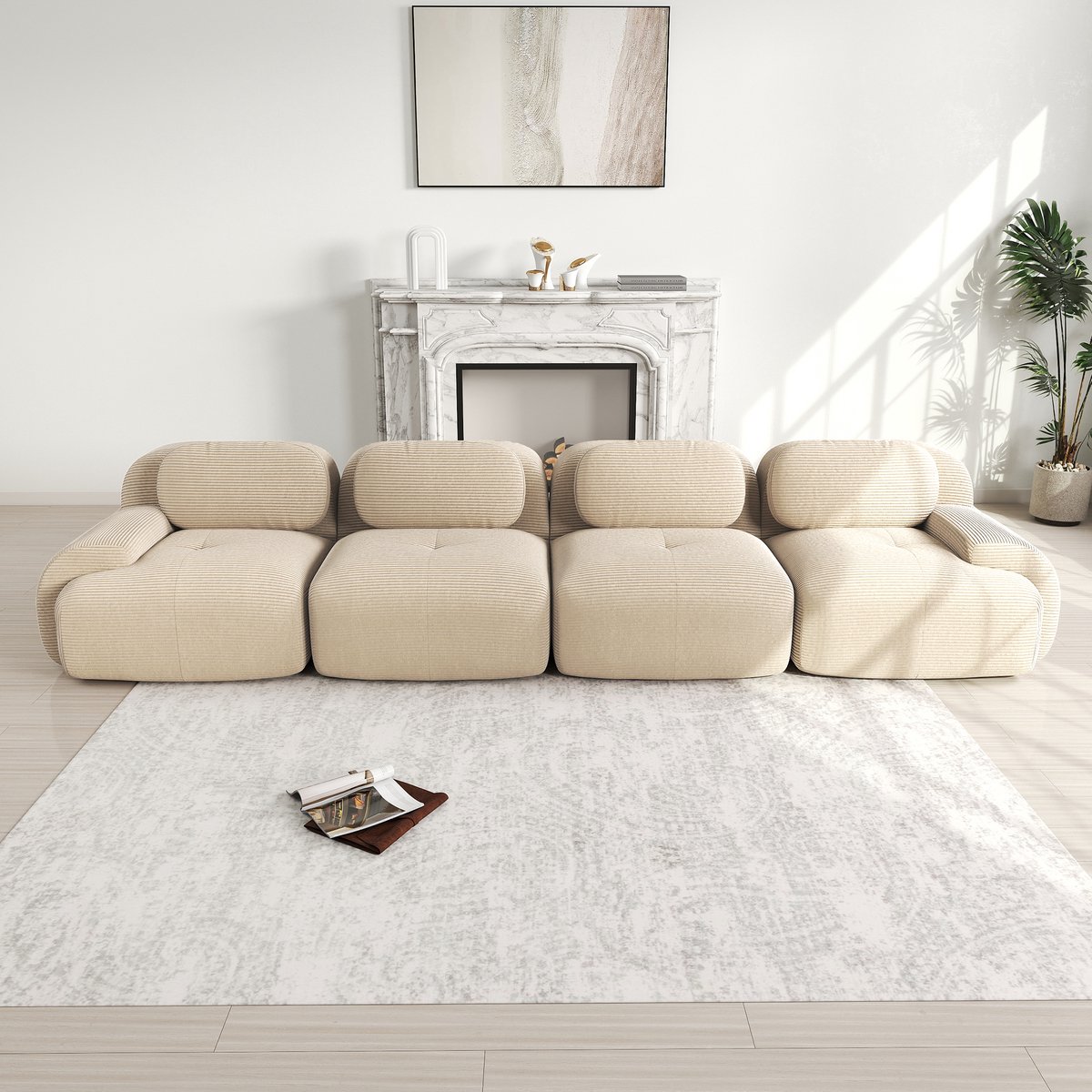 Frameloze 4-zits corduroy bank - Voor slaapkamer en kantoor - 4 zitplaatsen - Beige corduroy - Montagevrij, modulair en antislip - 32D hochelastisch schuim - Huisdiervriendelijk en vacuüm verpakt