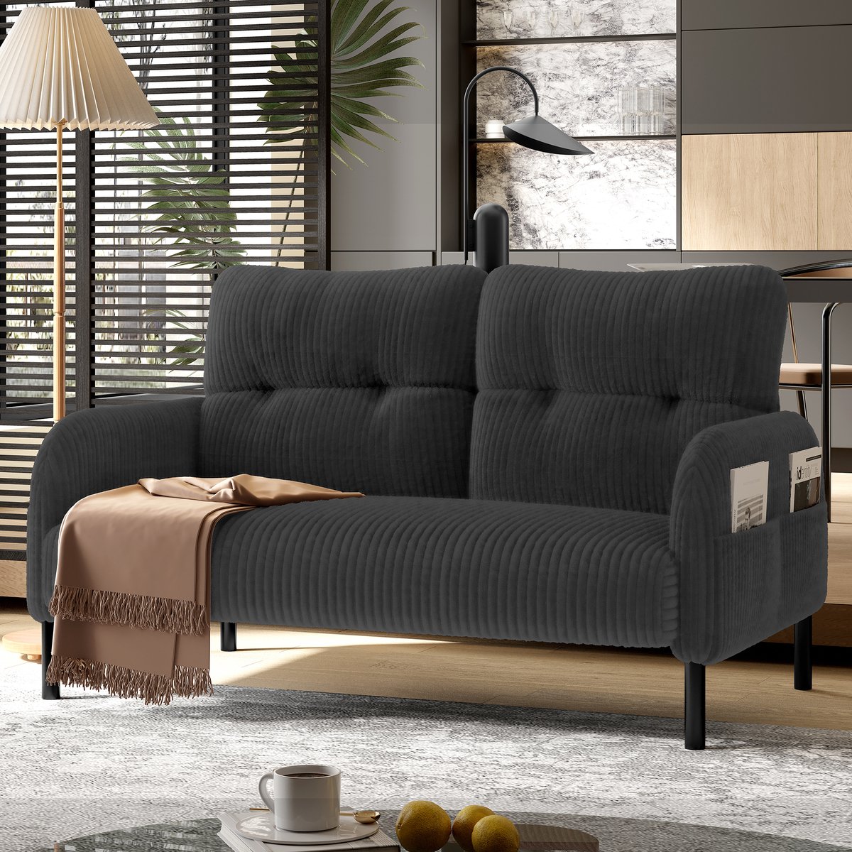 Corduroy tweezitsbank met hoge rugleuning en geïntegreerde zijvakken - voor woonkamer, thuiskantoor en slaapkamer - 2 personen - diverse kleuren - metalen poten - ergonomisch ontwerp