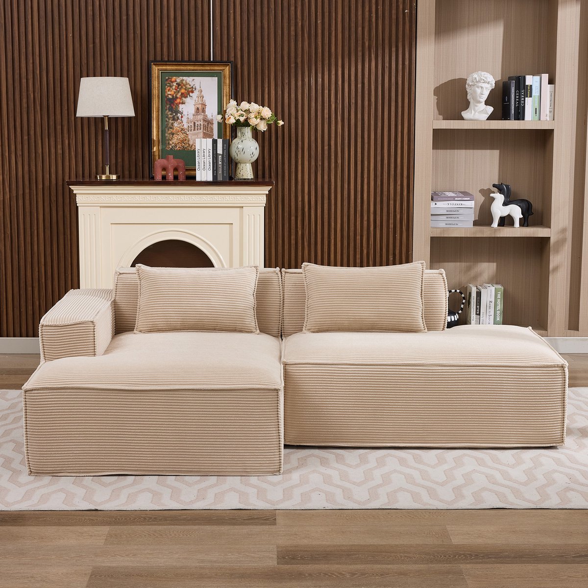 Stoffen 3-zitsbank 235 cm met pocketvering - Compact en onderhoudsvriendelijk - Geschikt voor kleine woonkamer en appartement - Beige - Inclusief 2 kussens - Vuilafstotende bekleding en hoogwaardig schuim