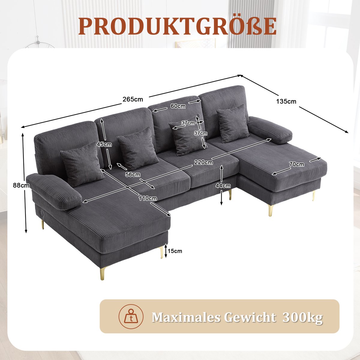U‑vorm bank met LED‑sfeerverlichting en USB‑C oplaadpoort – voor woonkamer en gezelschap – 4‑6 personen – grijs – massief houten frame – ergonomische rugleuning en diepe zit – incl. 4 comfortabele kussens