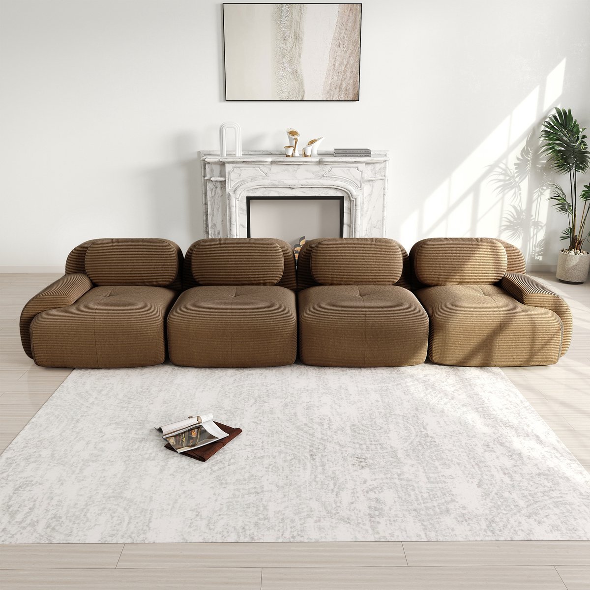 Frameloze modulaire 4-zits bank - Voor slaapkamer en kantoor - 4 personen - Bruin corduroy - 32D hochelastisch schuim - Montagevrij en vacuüm verpakt - Huisdiervriendelijk en antislip