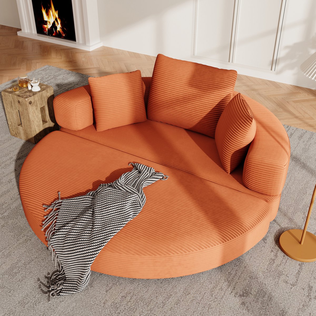 2-in-1 slaapsofa - transformeerbaar tot ovaal bed - 2 personen, 173x176 cm - grijs - corduroy bekleding - ovaal bed met opstaande rand - 3 kussens inbegrepen - geen montage nodig