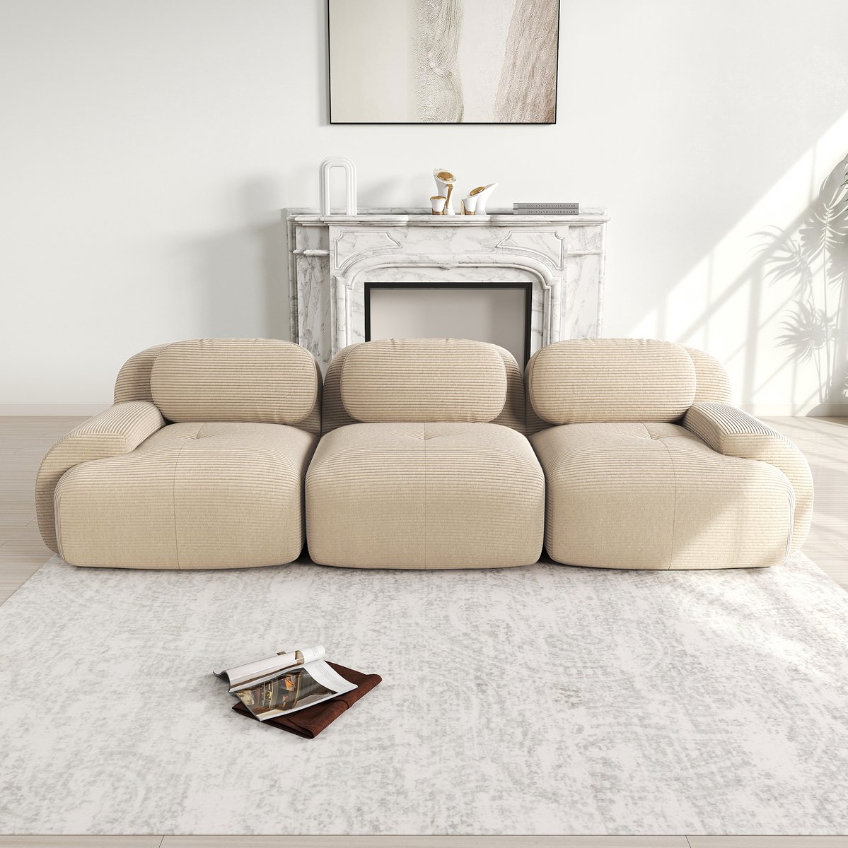 Modulaire frameloze corduroy 3-zitsbank - voor woonkamer en slaapkamer - 3 personen - beige - 32D hoogelastisch schuim - gebogen armleuningen - antislip onderkant - geen montage nodig