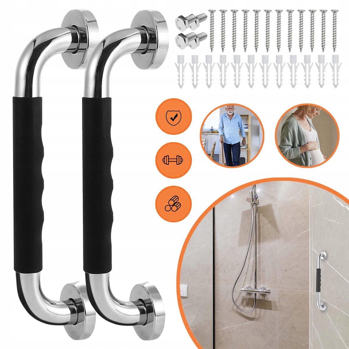 2x Antislip Douchegreep RVS - Veiligheidshandvat voor Badkamer & Douche