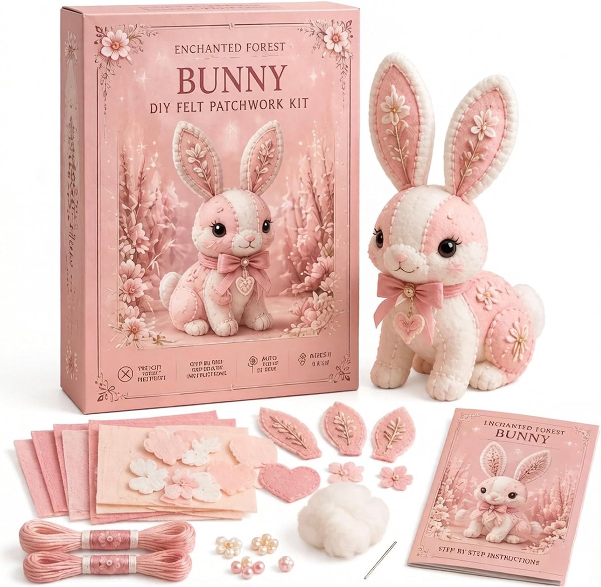 DIY Vilten Patchwork Set - 3D Vilten Naaiset - Magisch Bos Dieren Vilten Naaiset - DIY Stoffen Dier - Handgemaakte Naaikit - Cadeau voor Knutsel- en Handwerkliefhebbers - Roze Konijn
