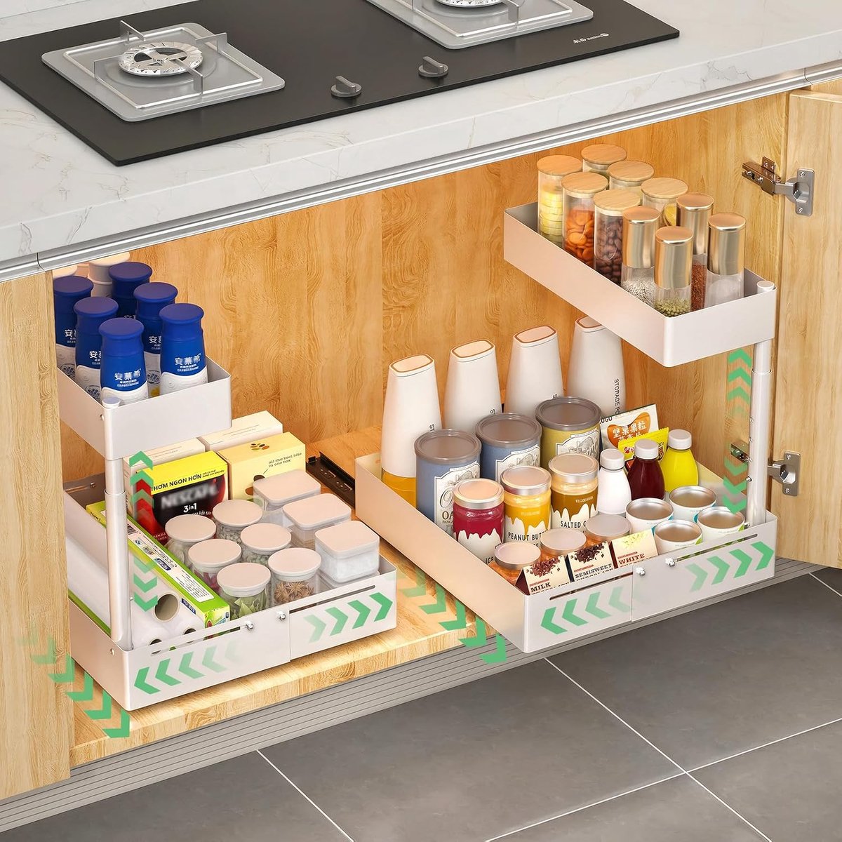 2 Pcs Adjustable Metal Base Cabinet Organizer, Height Adjustable Sink Cabinet Organiser with Pull-Out System - ShopVlot