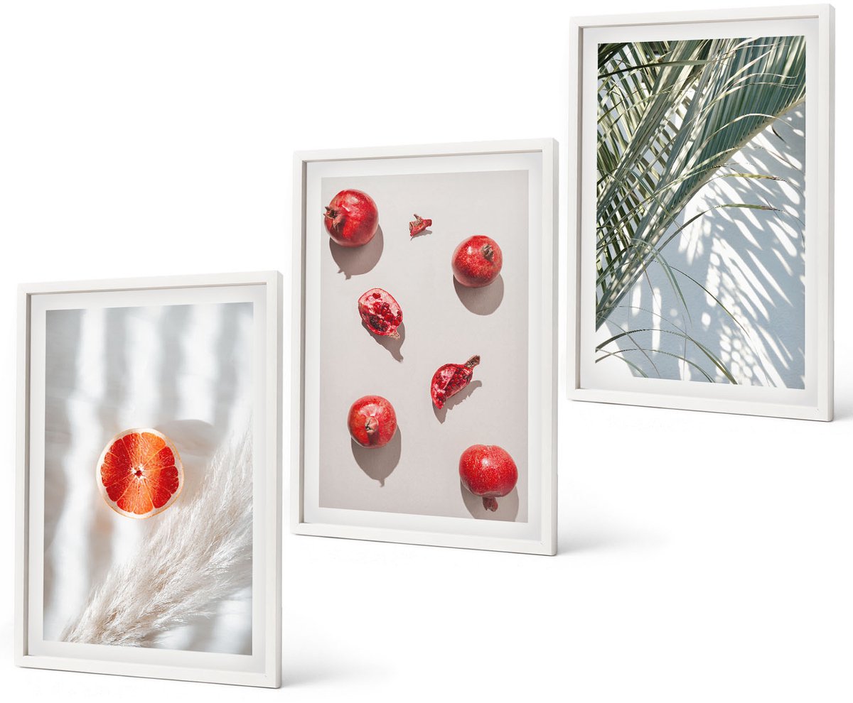 Coloray 3-Delige Schilderij Set - Tropische Zomervruchten, Palmbladeren - 40 x 60 - Muurdecoratie - Wanddecoratie - Hal - Stijlvolle Muurdecoratie