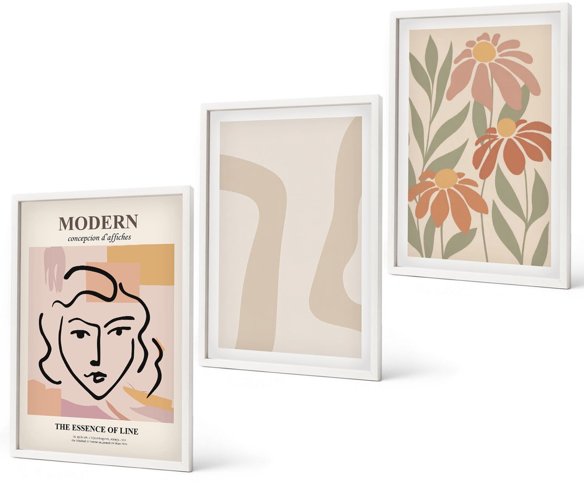 Coloray 3-Delige Schilderij Set - Vrouw In Moderne Stijl Met Abstracte Patronen - 40 x 60 - Moderne Wanddecoratie - Slaapkamer - Interieur Decoratie