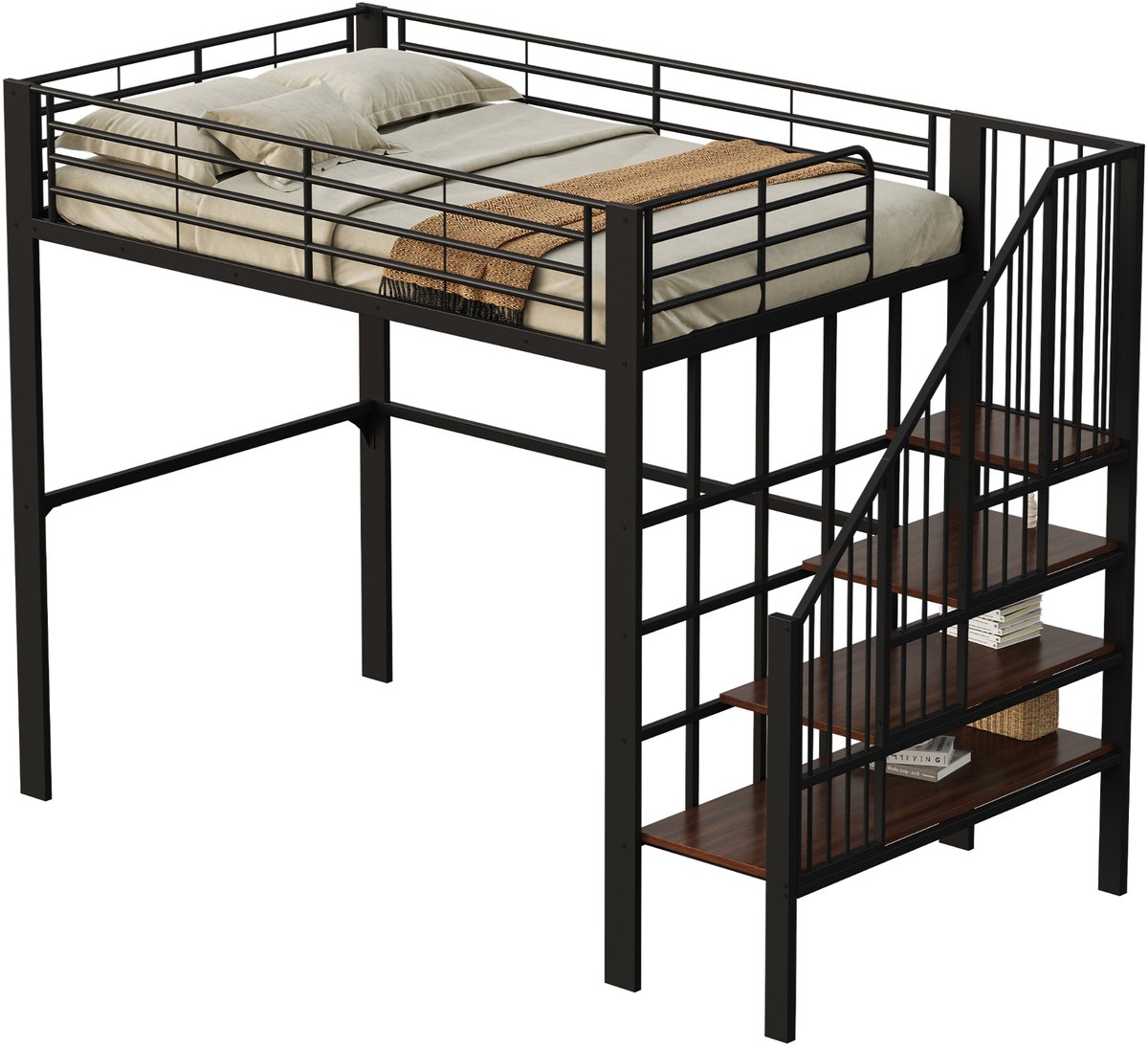 Sweiko Hoogslaper - 140 x 200 cm - Metalen bed - Opbergtrap - Zwart (zonder bank)