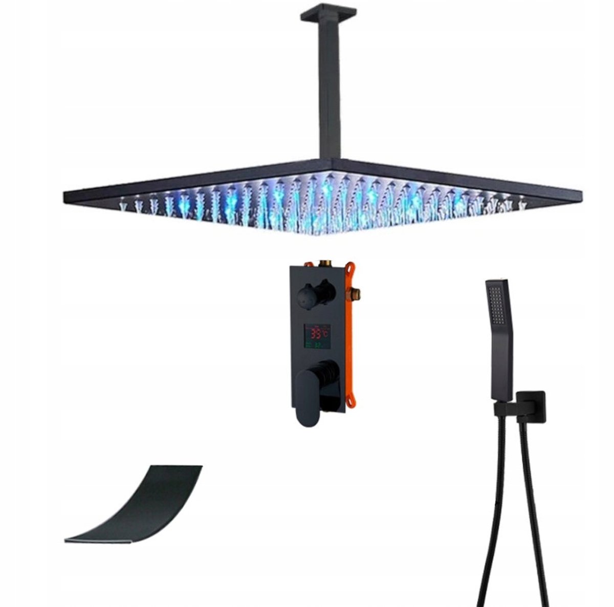 Merkloos Onderbouw Doucheset met Waterval, LED & Display - Mat Zwart 40cm