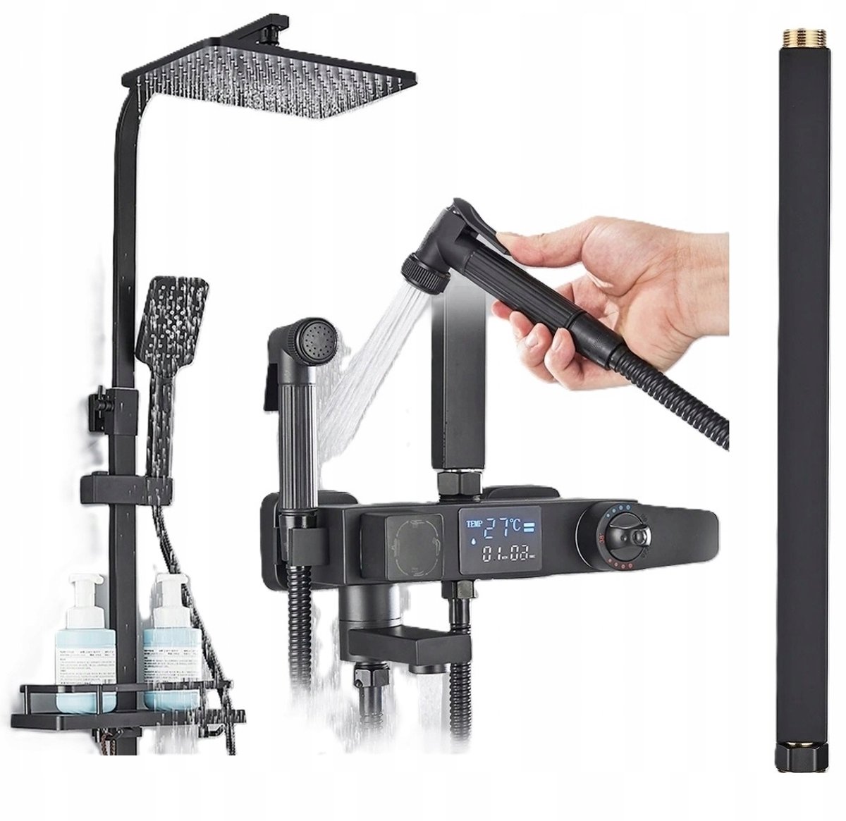 Zwart Douche Systeem met Thermostaat en LCD Display + 40cm Verlengstuk