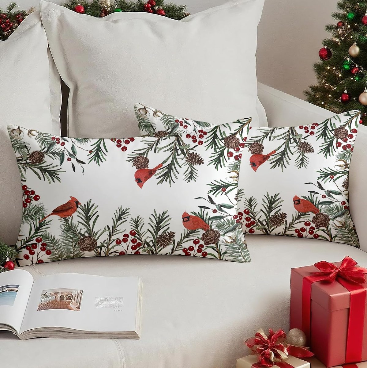 Kardinal Winter Christmas Pillowcase 30x50cm 2 Piece Set Velvet Pine Christmas Decoration Pillow Cases Pine Cones - ShopVlot