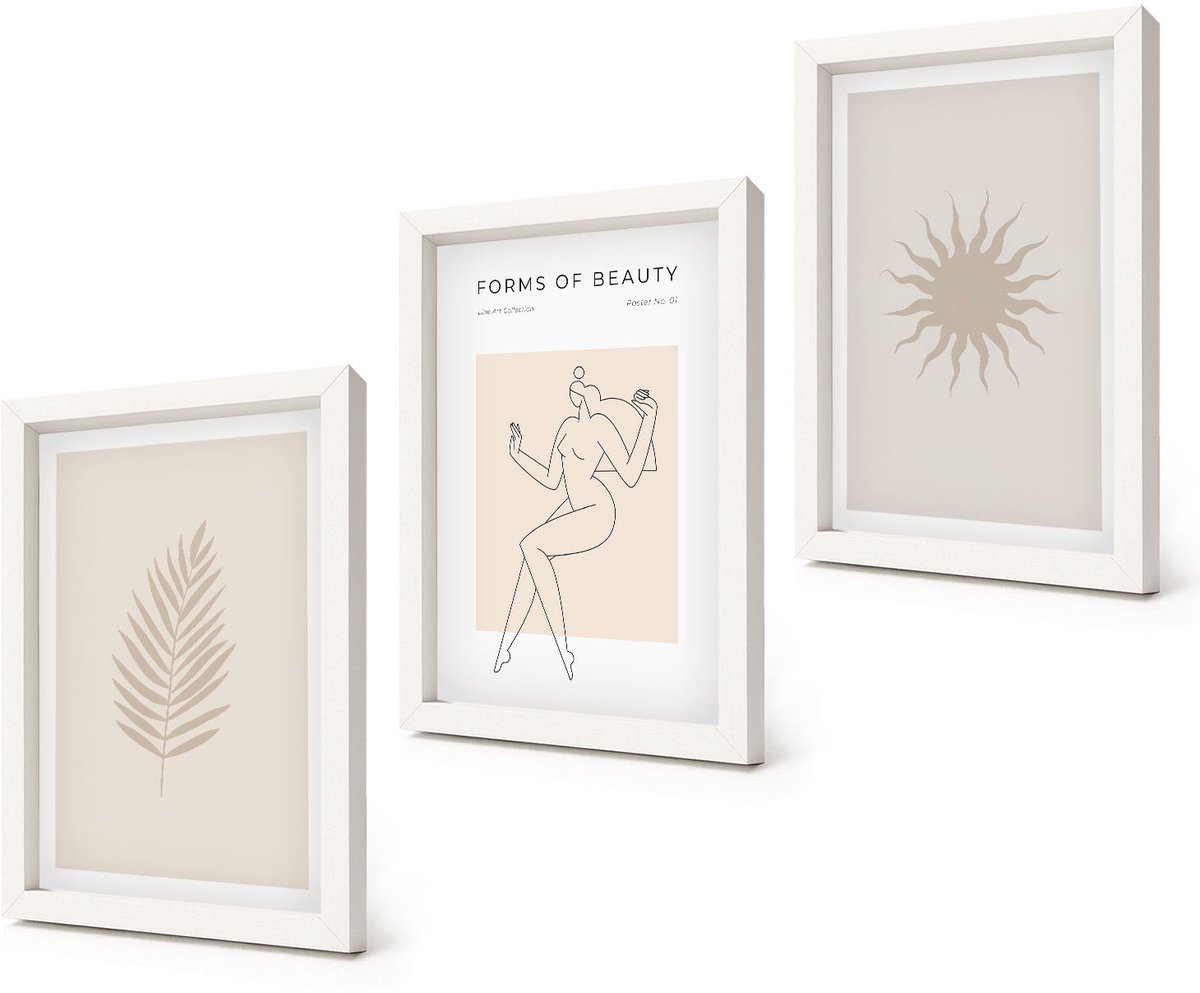 Coloray 3-Delige Schilderij Set - Een verzameling minimalistische vormen en natuurlijke figuren - 20x30 - Wanddecoratie - Muurdecoratie - Woonkamer