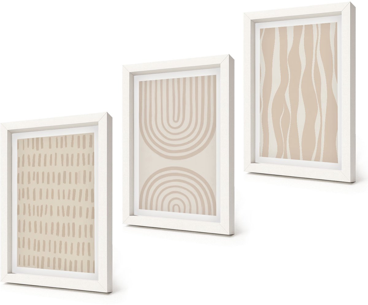 Coloray 3-Delige Schilderij Set - Abstracte patronen in beige en witte tinten. - 20x30 - Decoratieve Schilderijen - Woonkamer - Interieur - Interieur Decoratie