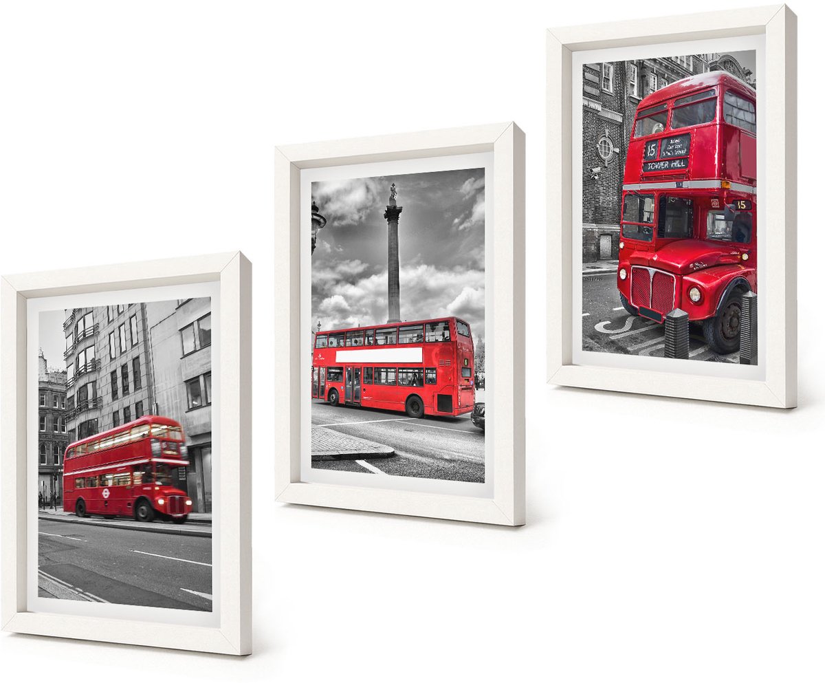 Coloray 3-Delige Schilderij Set - Rode bussen in het Londense stadslandschap - 20x30 - Muurdecoratie - Wanddecoratie - Hal - Interieur Decoratie