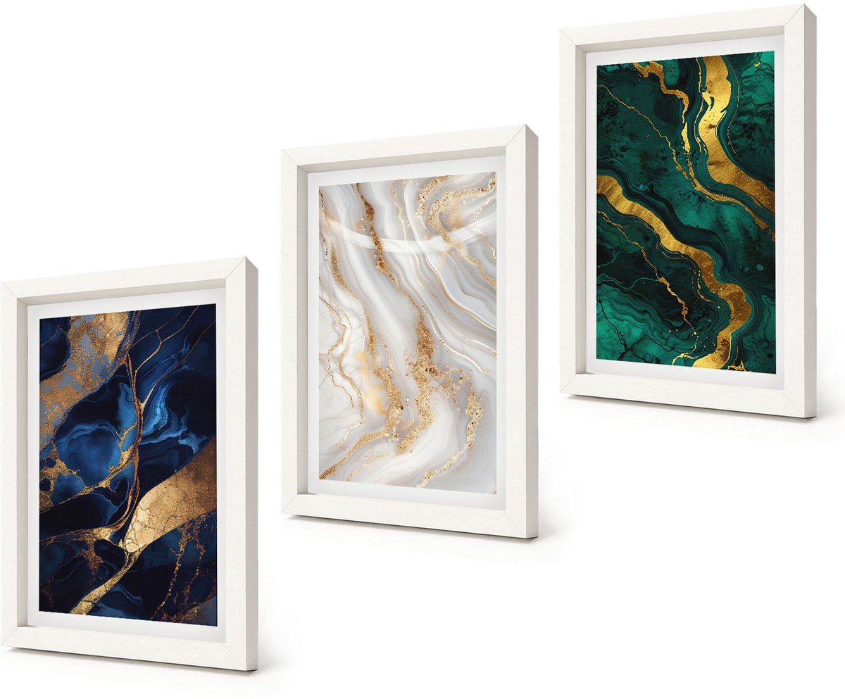 Coloray 3-Delige Schilderij Set - Abstracte patronen in blauw- en groentinten. - 20x30 - Schilderijen Set - Wanddecoratie - Woonkamer - Stijlvolle Muurdecoratie