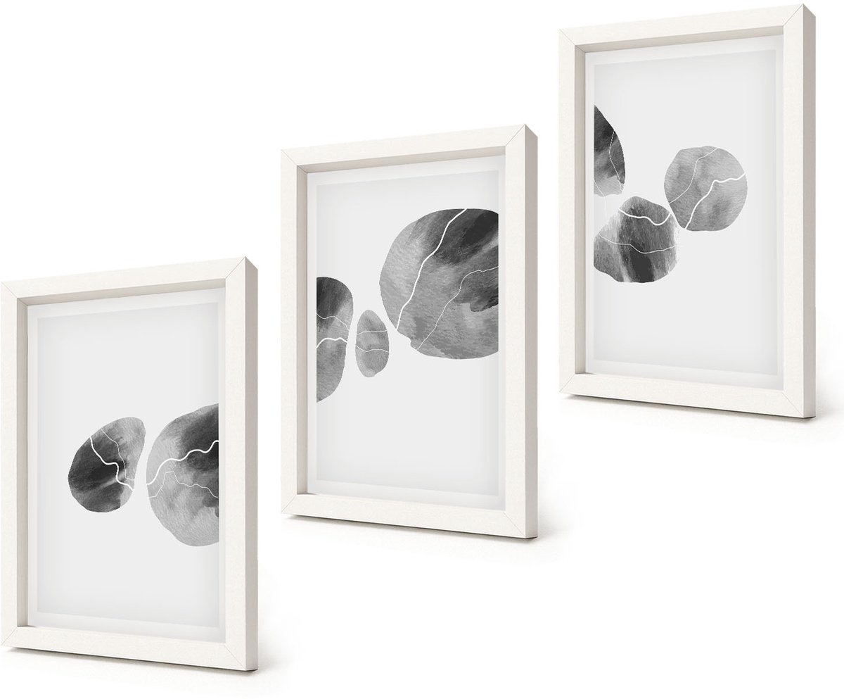 Coloray 3-Delige Schilderij Set - Abstracte minimalistische schilderkunst met verfvlekken - 20x30 - Moderne Wanddecoratie - Woonkamer - Woonkamer Decoratie