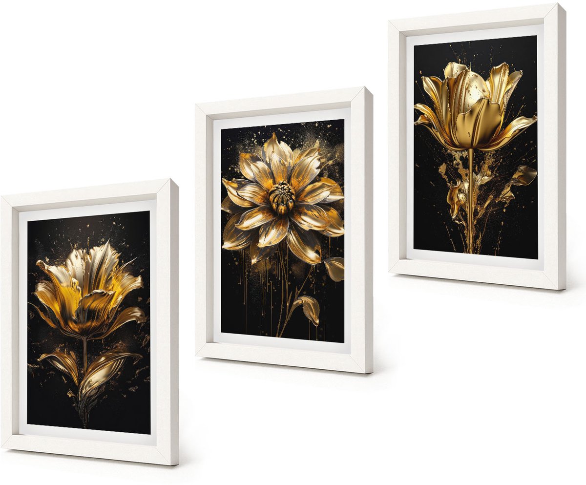 Coloray 3-Delige Schilderij Set - Bloemen in verschillende tinten geel op een donkere achtergrond - 20x30 - Muurdecoratie - Interieur Decoratie