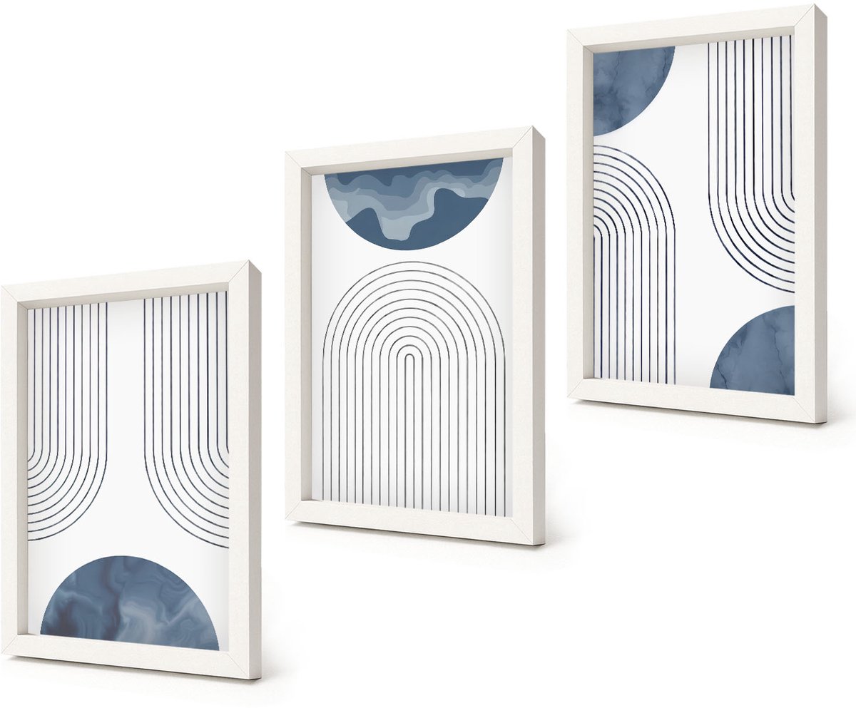 Coloray 3-Delige Schilderij Set - Abstracte patronen in blauw-witte tinten - 20x30 - Muurdecoratie - Decoratieve Schilderijen - Wohnzimmer