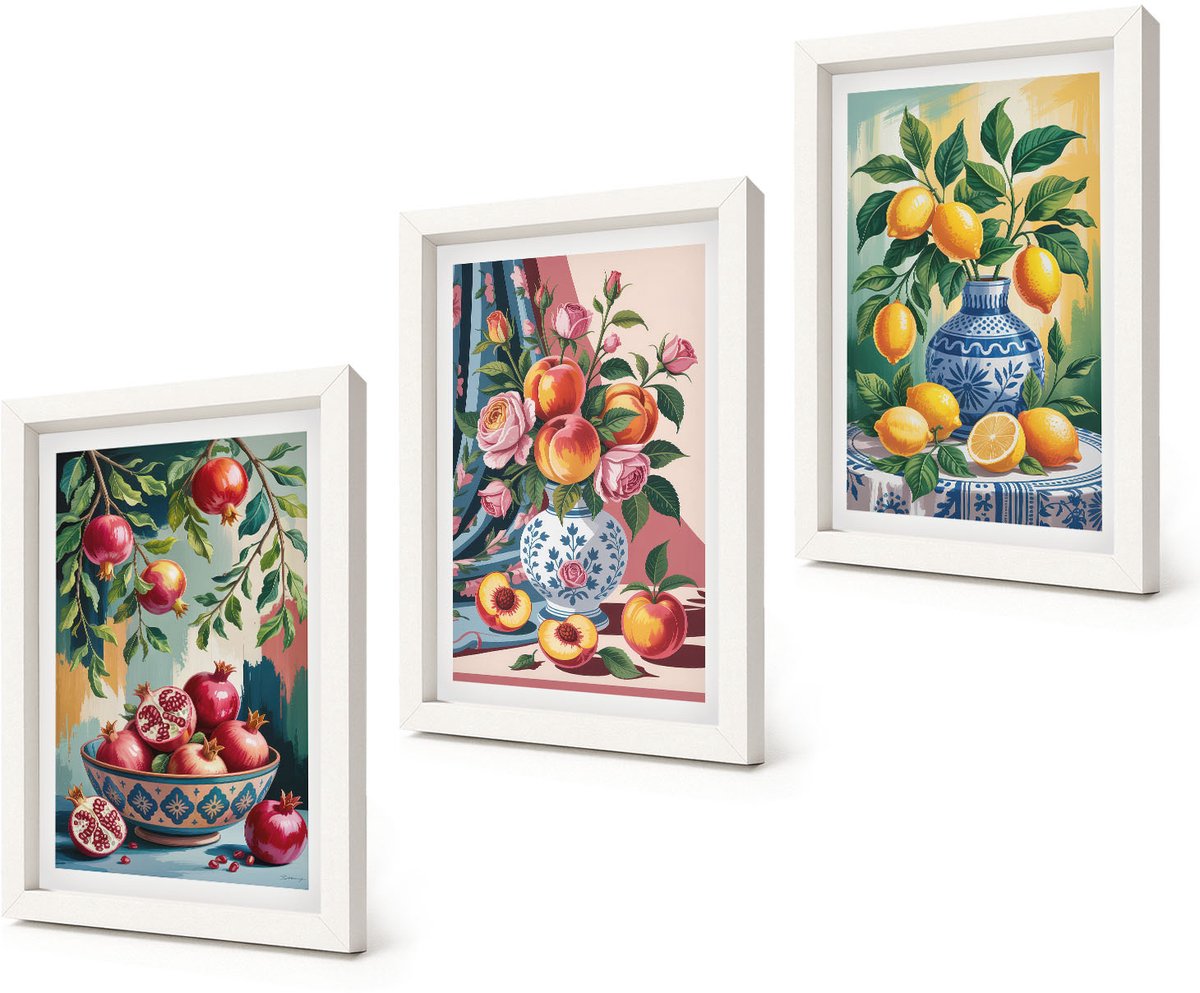 Coloray 3-Delige Schilderij Set - Geschilderde bloemen en fruit in vazen - 20x30 - Moderne Wanddecoratie - Woonkamer - Muurdecoratie
