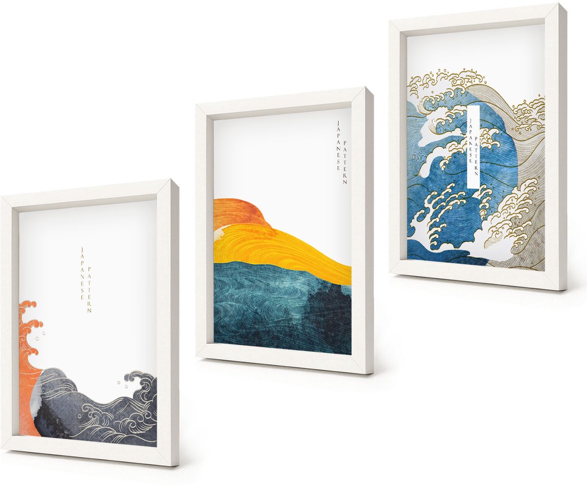 Coloray 3-Delige Schilderij Set - Golven in Japanse grafische stijl - 20x30 - Moderne Wanddecoratie - Slaapkamer - Woonkamer Decoratie