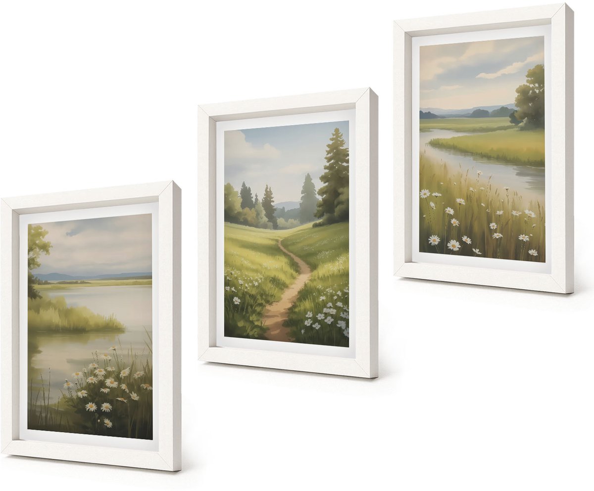 Coloray 3-Delige Schilderij Set - Lentelandschap met een rivier, pad en bloemenweide - 20x30 - Muurdecoratie - Wanddecoratie - Hal - Decoratieve Schilderijen