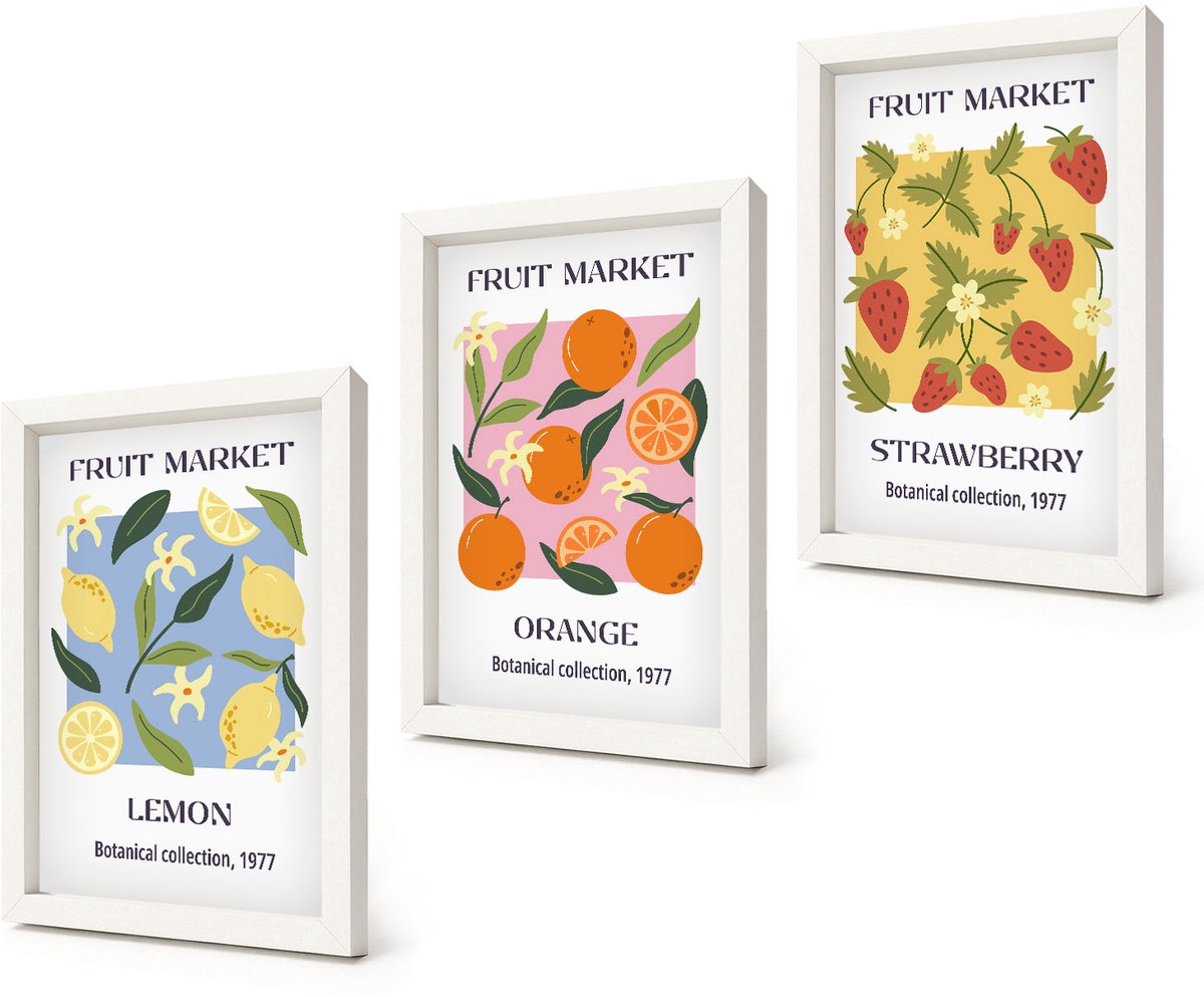 Coloray 3-Delige Schilderij Set - Fruitposters met citroenen, sinaasappels en aardbeien. - 20x30 - Muurdecoratie - Schilderijen Set - Woonkamer - Interieur Decoratie