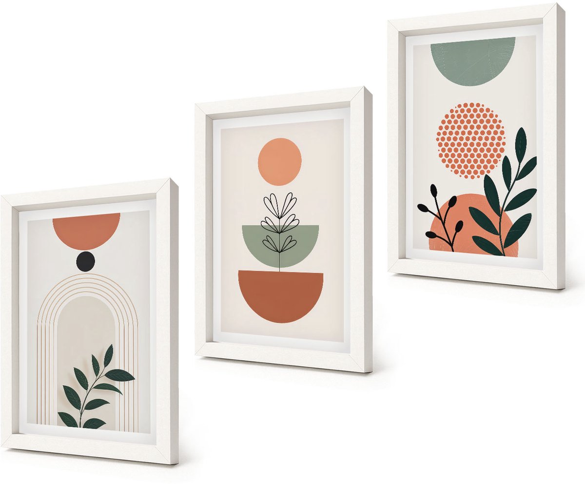 Coloray 3-Delige Schilderij Set - Plantmotieven in moderne vormen en kleuren - 20x30 - Stijlvolle Muurdecoratie - Slaapkamer