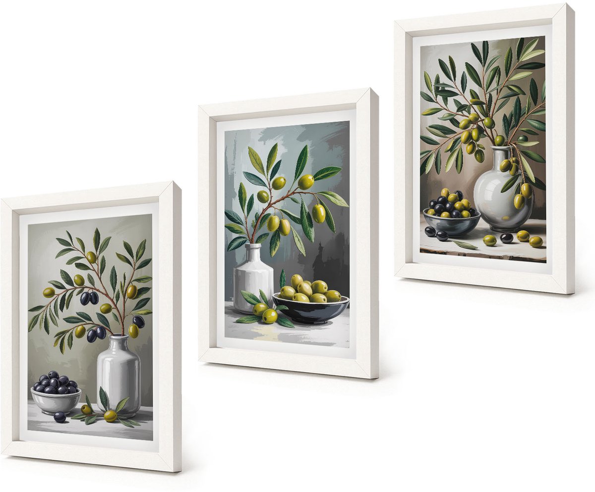 Coloray 3-Delige Schilderij Set - Olijven in keramische schalen op een grijze achtergrond - 20x30 - Wanddecoratie - Muurdecoratie - Moderne Interieurdecoratie - Stijlvolle Muurdecoratie