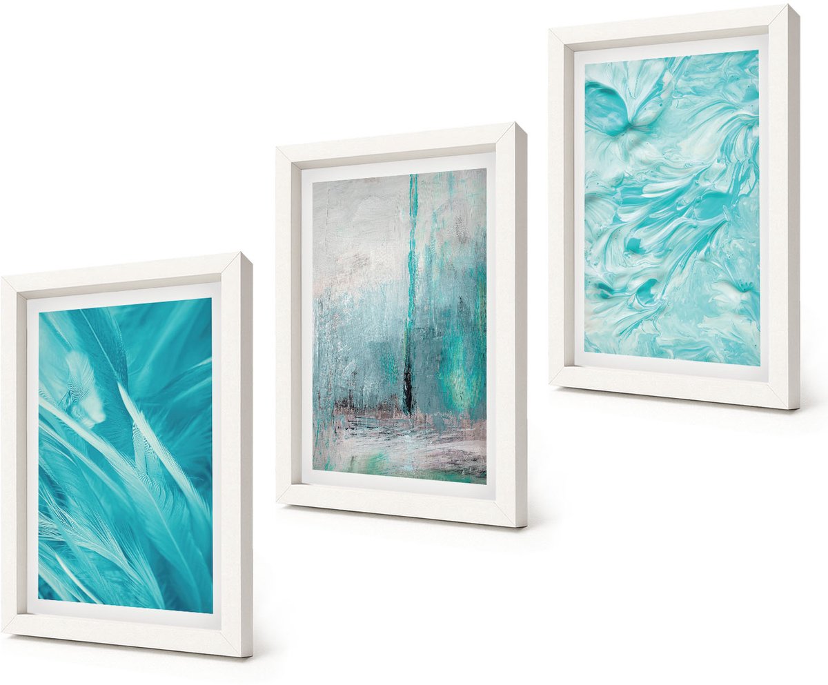 Coloray 3-Delige Schilderij Set - Verschillende blauwtinten in delicate abstracte patronen - 20x30 - Muurdecoratie - Interieur Decoratie