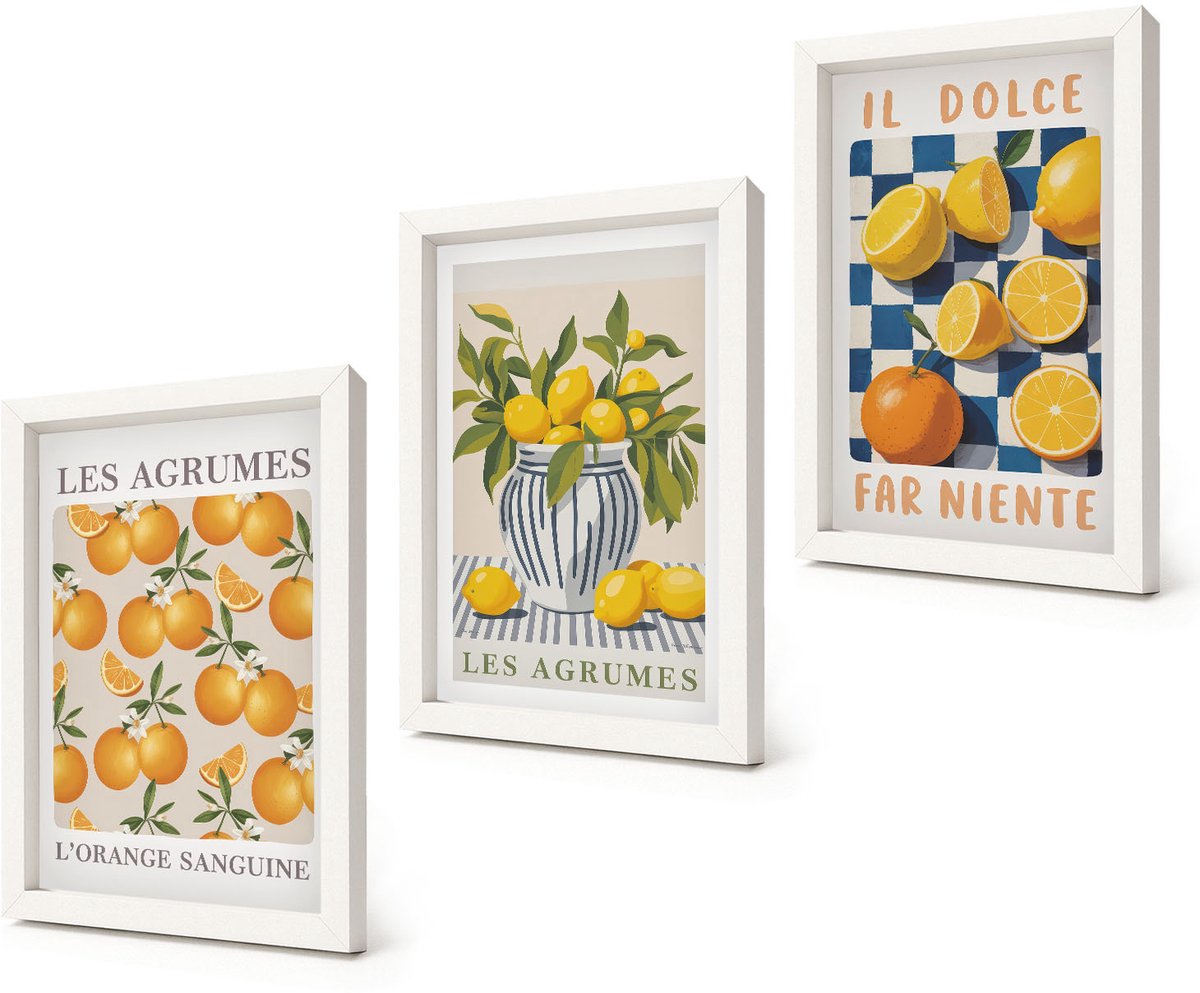 Coloray 3-Delige Schilderij Set - Retro citrusvruchten met gele accenten - 20x30 - Moderne Wanddecoratie - Slaapkamer - Stijlvolle Muurdecoratie