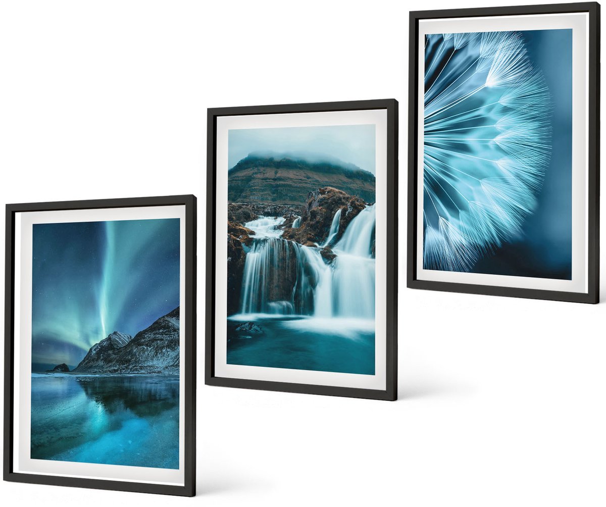 Coloray 3-Delige Schilderij Set - Winterlandschappen Met Watervallen En Het Noorderlicht - 40 x 60 cm - Moderne Wanddecoratie - Slaapkamer - Stijlvolle Muurdecoratie