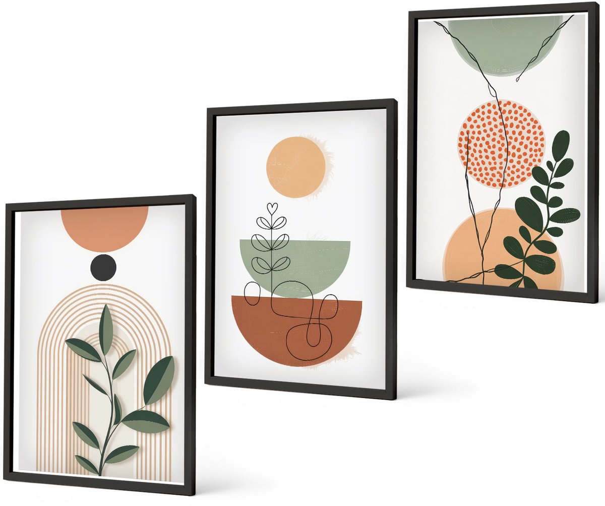Coloray 3-Delige Schilderij Set - Abstracte Vormen Met Kleurrijke Plantmotieven - 40 x 60 cm - Wanddecoratie - Moderne Interieurdecoratie - Stijlvolle Muurdecoratie