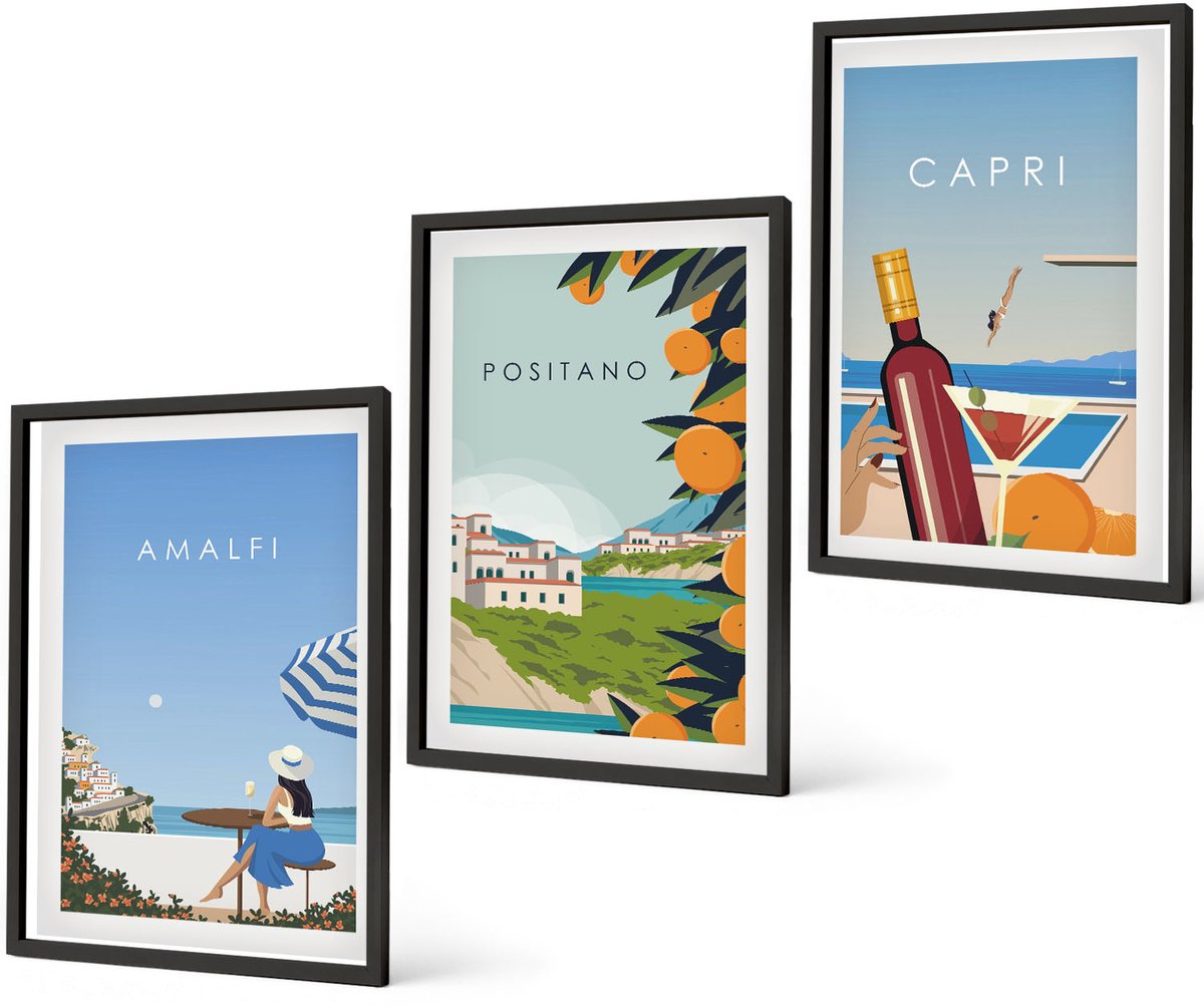 Coloray 3-Delige Schilderij Set - Vakantiegezichten Amalfi Positano En Capri - 40 x 60 cm - Muurdecoratie - Interieur Decoratie - Wanddecoratie