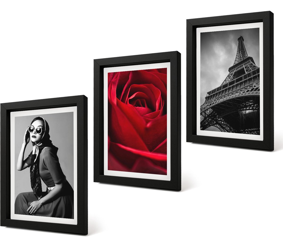 Coloray 4-Delige Schilderij Set - Parijse vrouw met bril, roos en Eiffeltoren - 20 x 30 cm - Moderne Wanddecoratie - Slaapkamer - Muurdecoratie