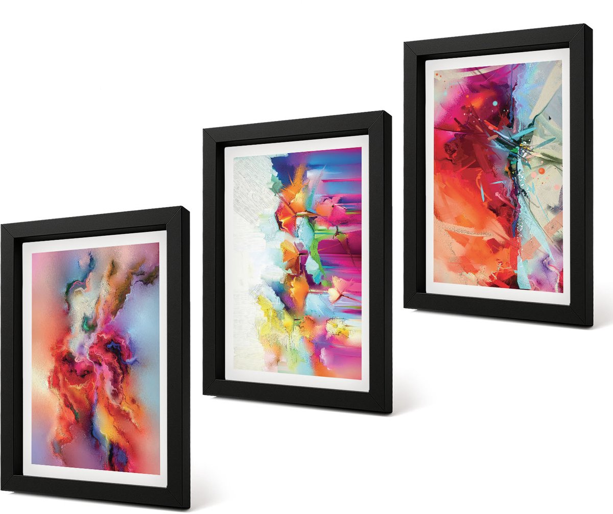 Coloray 4-Delige Schilderij Set - Kleurrijke abstracties met dynamische vormen en figuren - 20 x 30 cm - Moderne Wanddecoratie - Woonkamer
