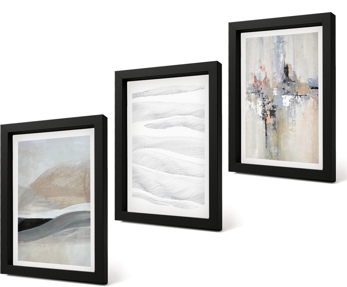 Coloray 4-Delige Schilderij Set - Abstracte patronen in neutrale aardetinten - 20 x 30 cm - Decoratieve Schilderijen - Woonkamer - Interieur - Moderne Wanddecoratie Zwarte lijst