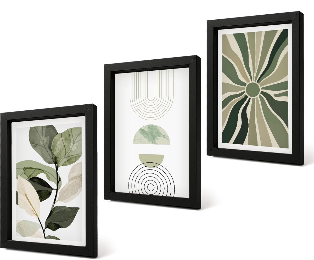 Coloray 4-Delige Schilderij Set - Plantmotieven met geometrische vormen in groen - 20 x 30 cm - Decoratieve Muurdecoratie - Slaapkamer - Woonkamer Decoratie