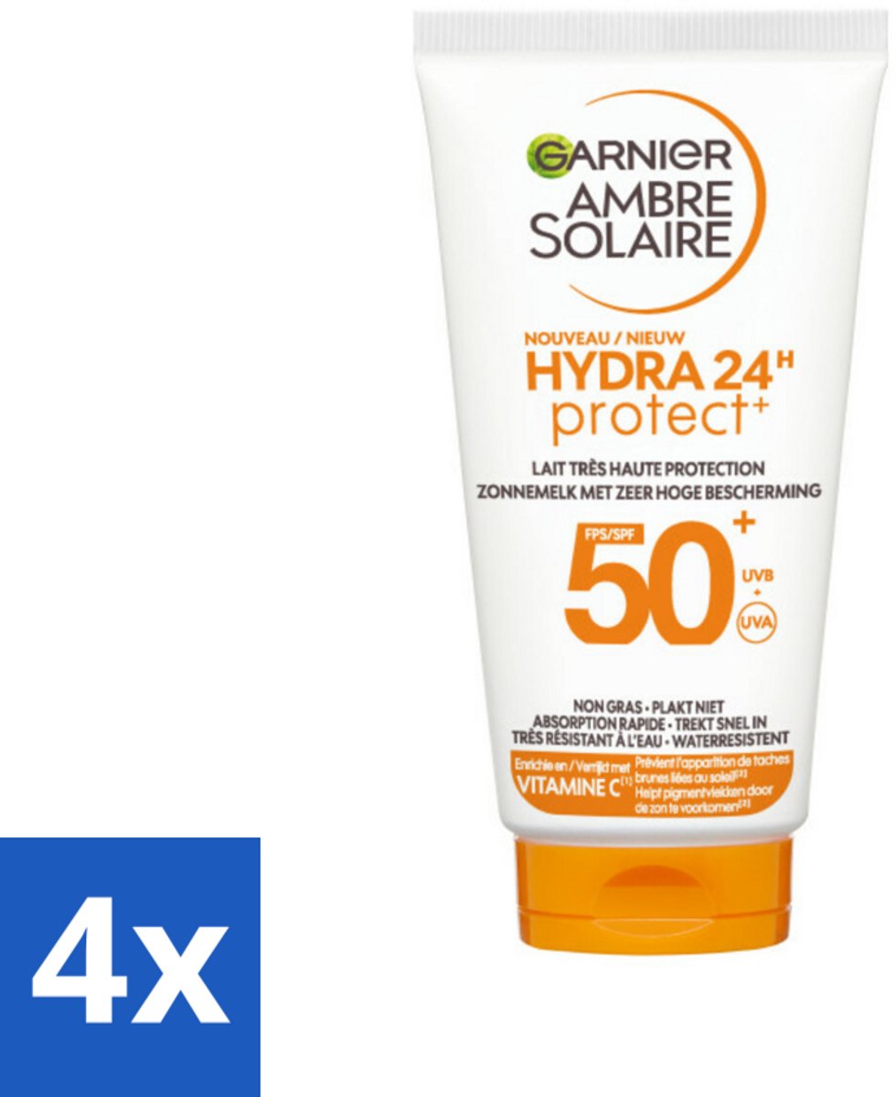 4 x Garnier - Ambre Solaire - Zonnebrandcrème - Hydra 24H Protect - SPF 50+ - Reisformaat - 50 ml - Zonnebrandcrème - Zonnebescherming - SPF 50 - Hydra 24H - Reisformaat