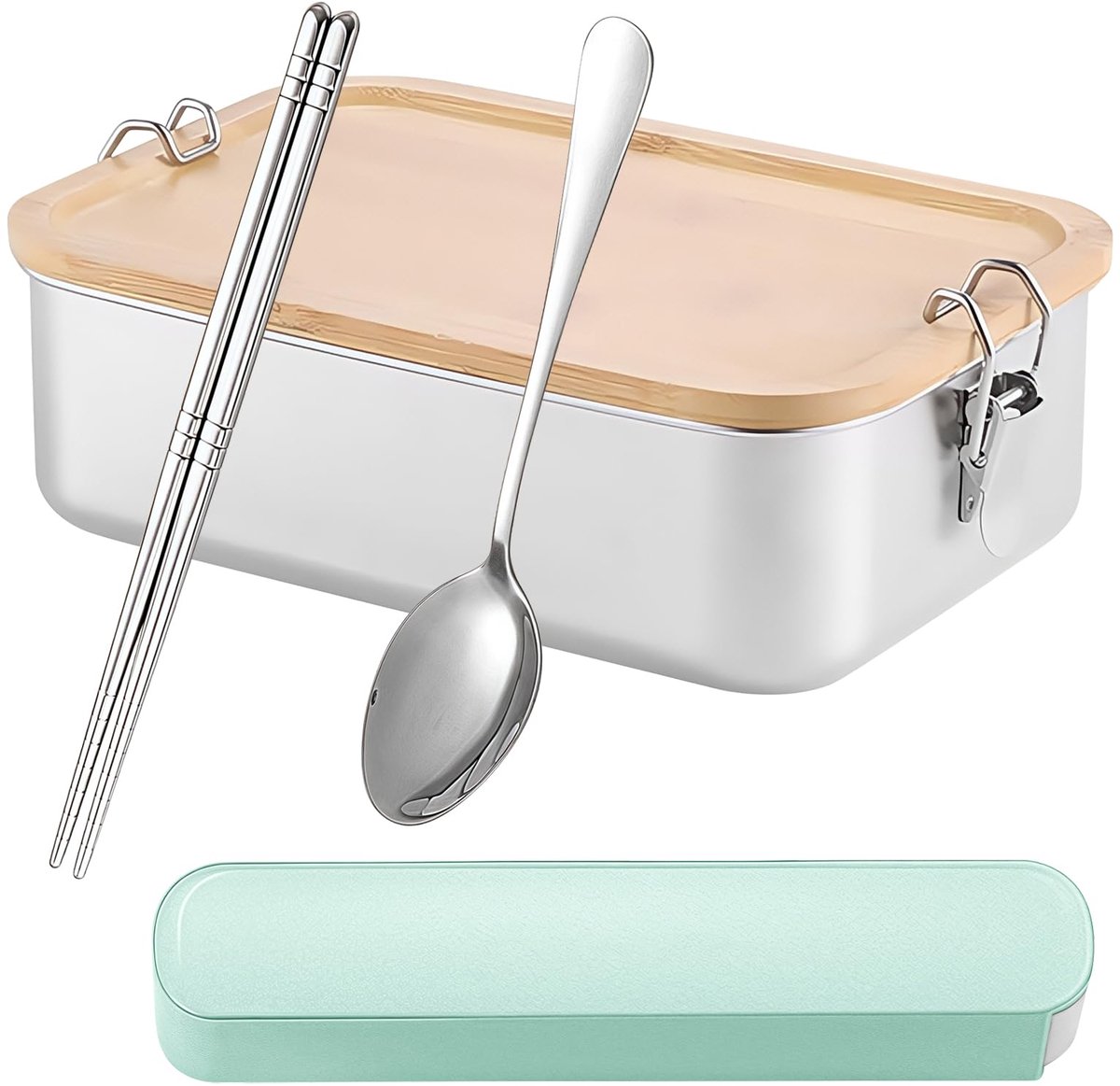 Lunchbox roestvrijstaal 3 vakken - houten deksel - snackbox voor werk en school - ShopVlot
