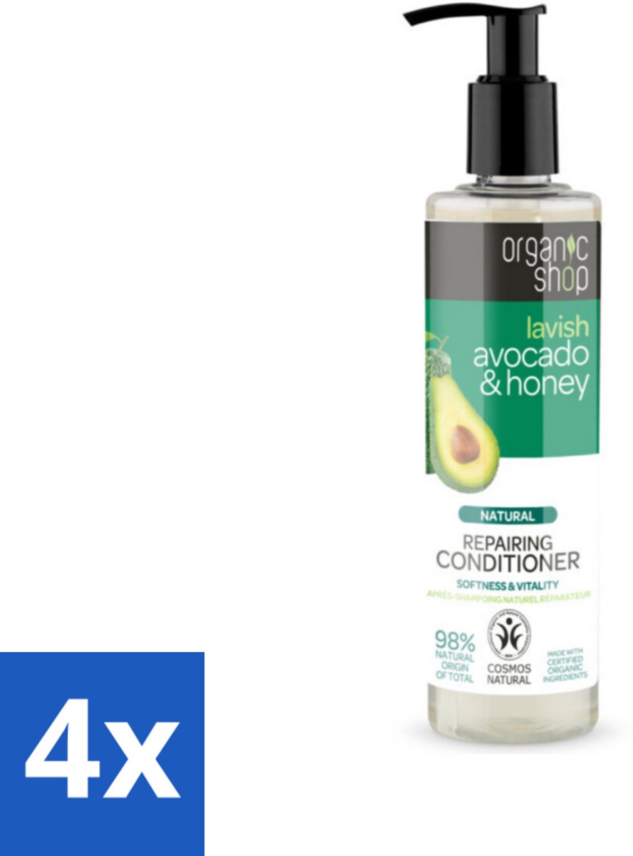 4 x Organic Shop - Natural Repairing Conditioner - Avocado & Honey - 280 ml - Herstellende Conditioner - Avocado Conditioner - Honing Conditioner - Droog Haar - Beschadigd Haar