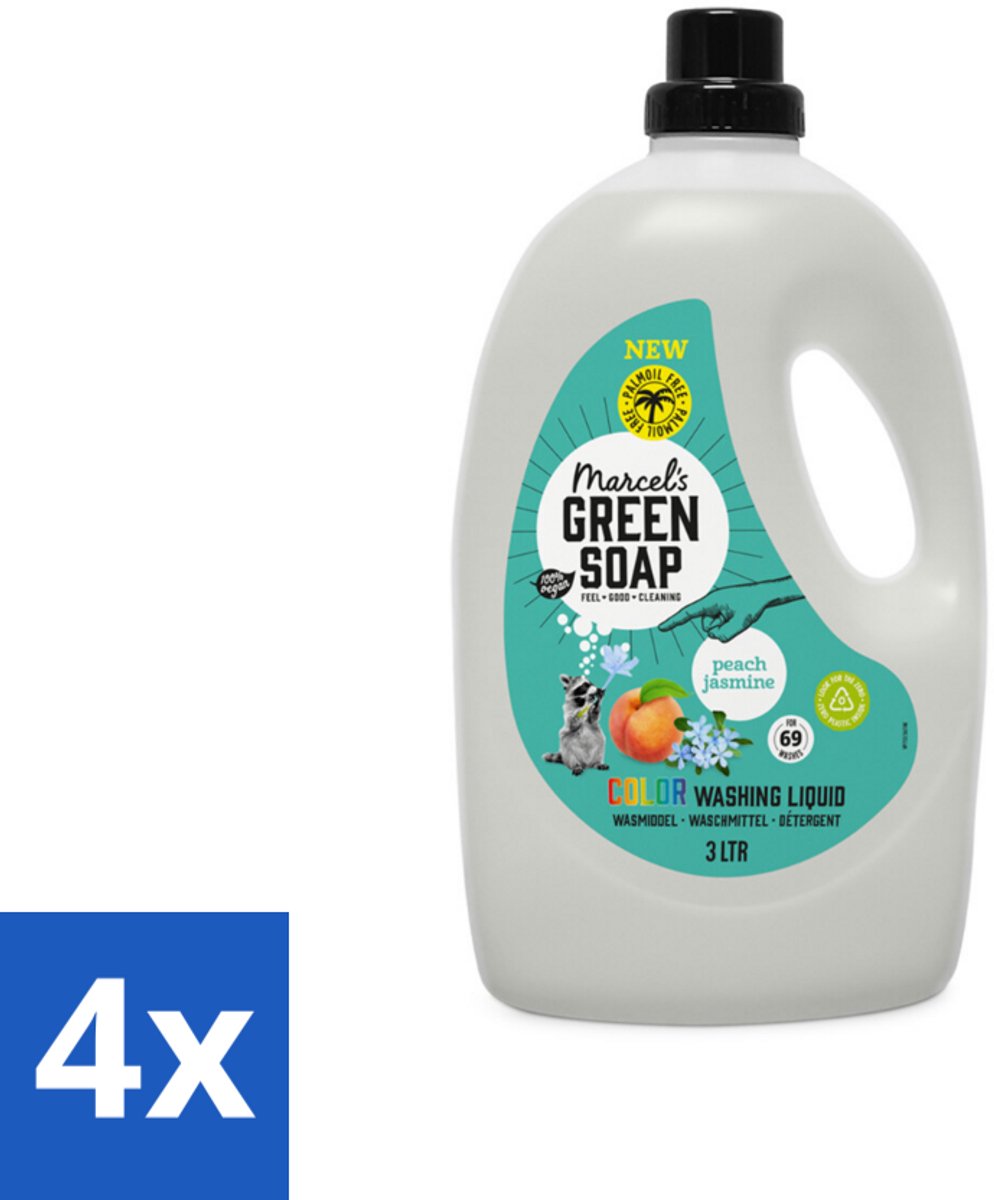 4 x Marcel's Green Soap - Vloeibaar Wasmiddel - Kleurwas - Perzik & Jasmijn - Natuurlijk & effectief - 69 wasbeurten - 3 liter - Wasmiddel - Vloeibaar Wasmiddel - Biologisch Afbreekbaar - Palmolievrij - Microplastics-vrij