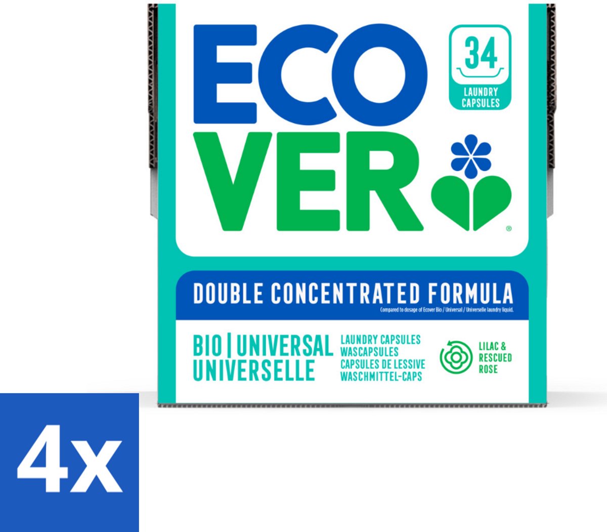 4 x Ecover - Waspods - Universeel - Geconcentreerde formule - 34 wasbeurten - Wascapsules - Wasmiddelen - Biologisch Afbreekbaar - Milieuvriendelijk - Duurzaam