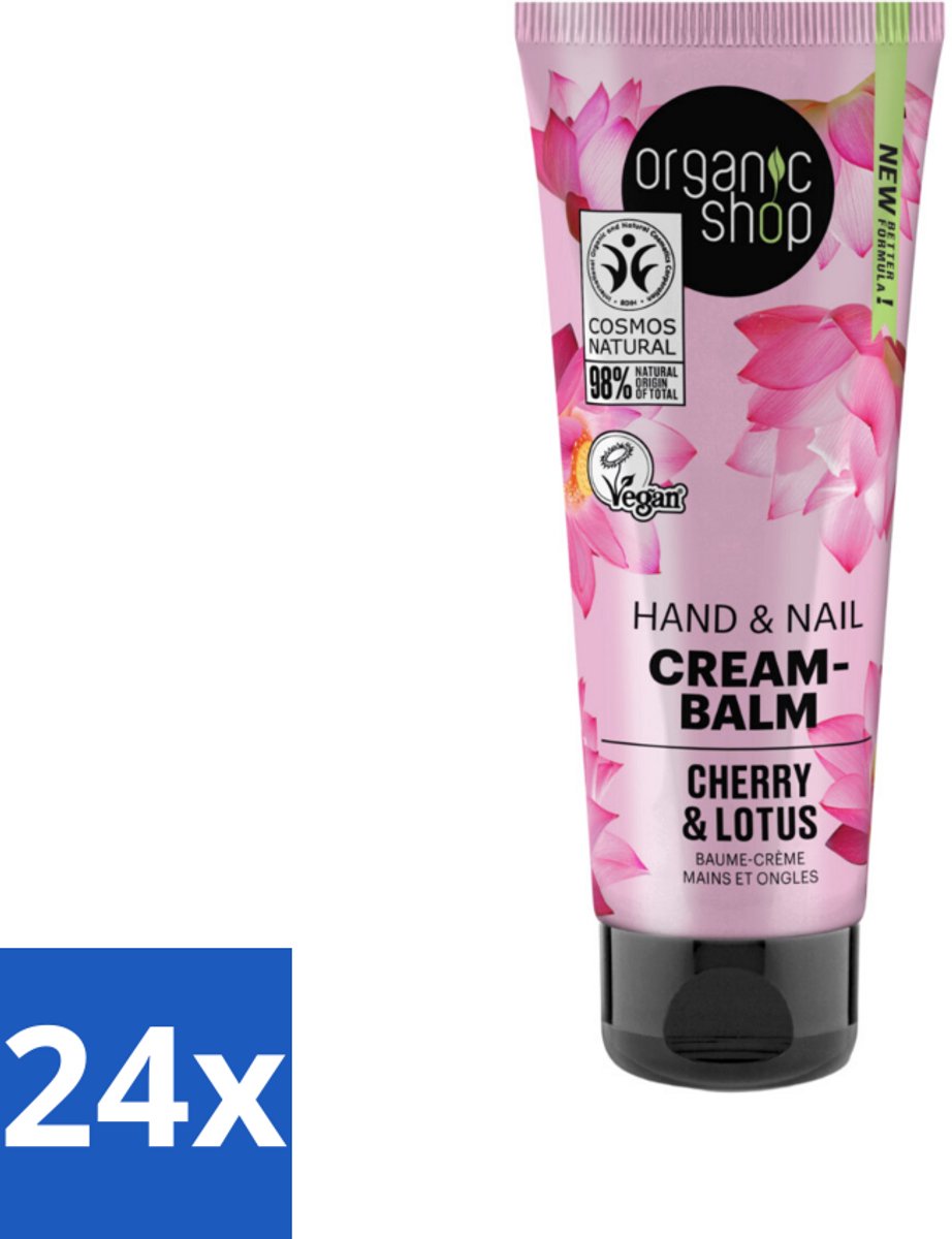 24 x Organic Shop - Hand & Nail Cream - Cherry & Lotus - Verzorgend en Hydraterend - 75 ml - Biologische Handcrème - Japanse Spa - Handverzorging - Nagels Verzorgen - Hydraterende Crème