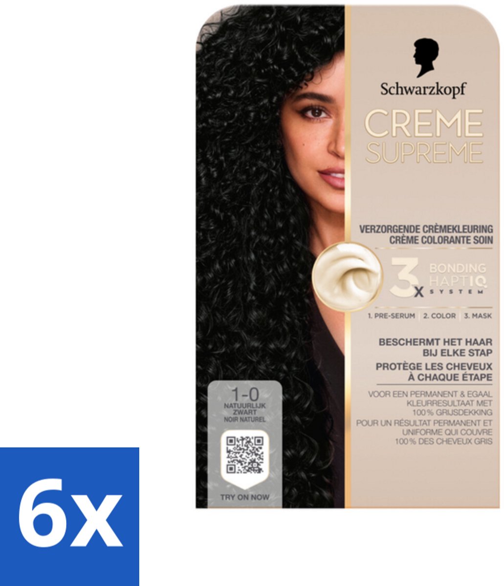 6 x Schwarzkopf - Haarkleuring - Creme Supreme 1-0 - Natuurlijk Zwart - 245g - Permanente Haarkleur - Zwart Haar - Grijsdekking - Haarkleur - Haarkleur Zwart