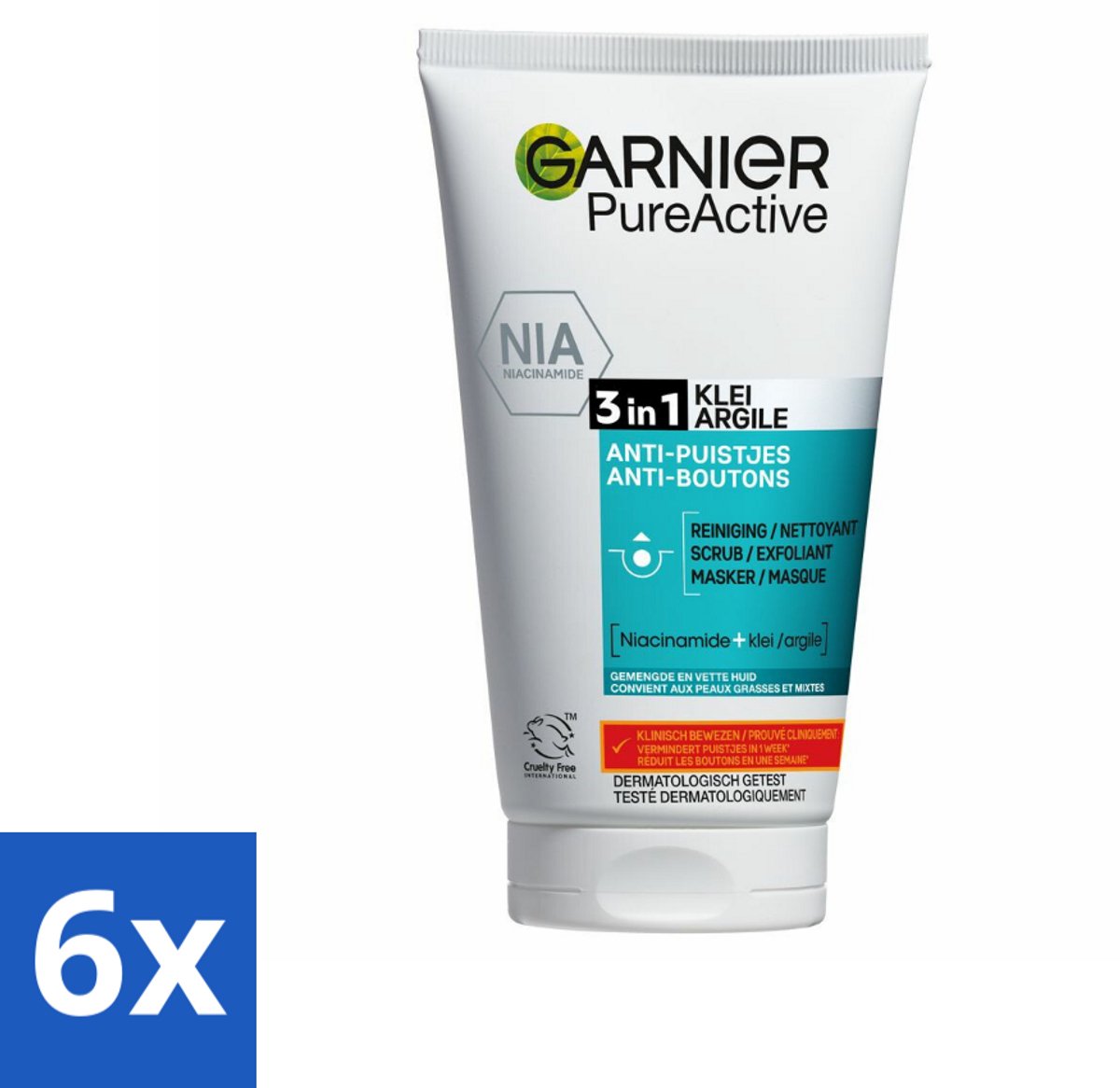 6 x Garnier - Pure Active - 3-in-1 Reiniging Scrub Masker - Tegen Puistjes & Onzuiverheden - Klei & Niacinamide - 150 ml - Reinigen - Scrub - Masker - Puistjes - Onzuiverheden