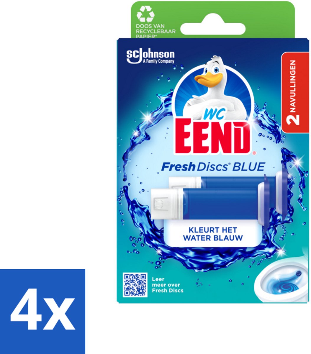 4 x WC Eend - Fresh Discs Coloring Blue - Duo Navulling - Kleurt Water Blauw & Verfrist - 72 ml - Toilet Schoonmaak - Toilet Reiniger - Toilet Fris - Toilet Geur - Toilet Tabs