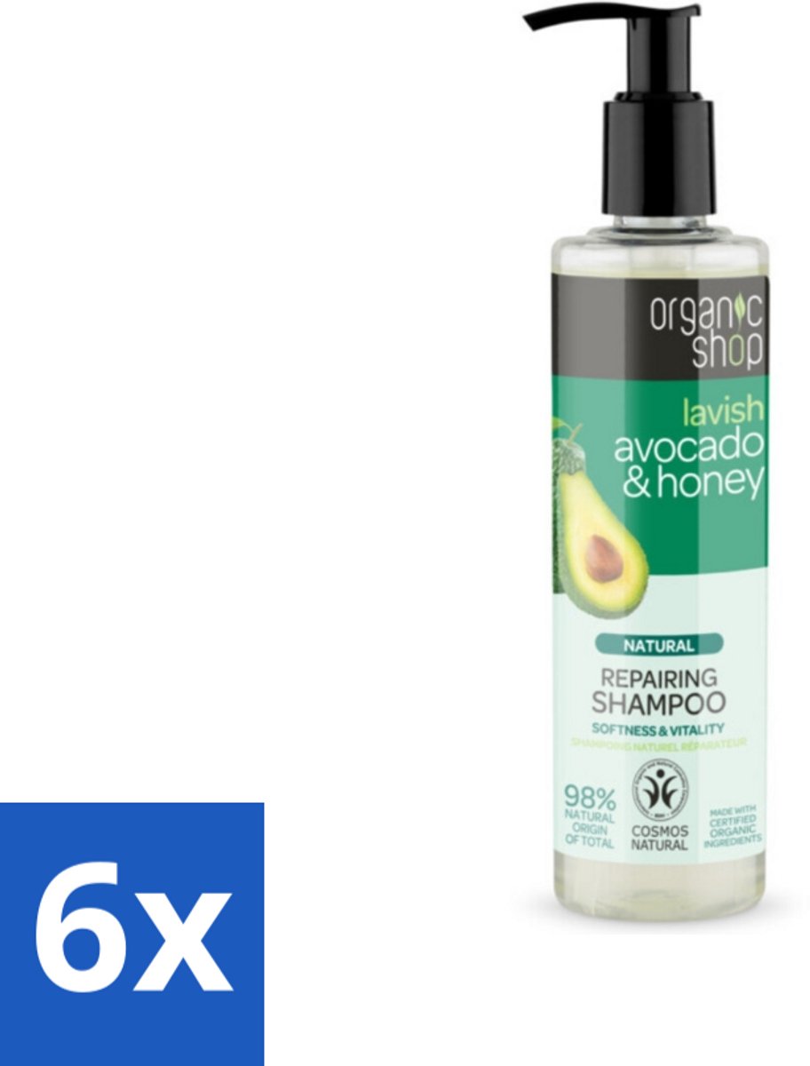 6 x Organic Shop - Natural Repairing Shampoo - Avocado & Honey - Hydraterend en Herstellend - 280 ml - Organische Shampoo - Avocado Shampoo - Honing Shampoo - Hydraterende Shampoo - Herstellende Shampoo