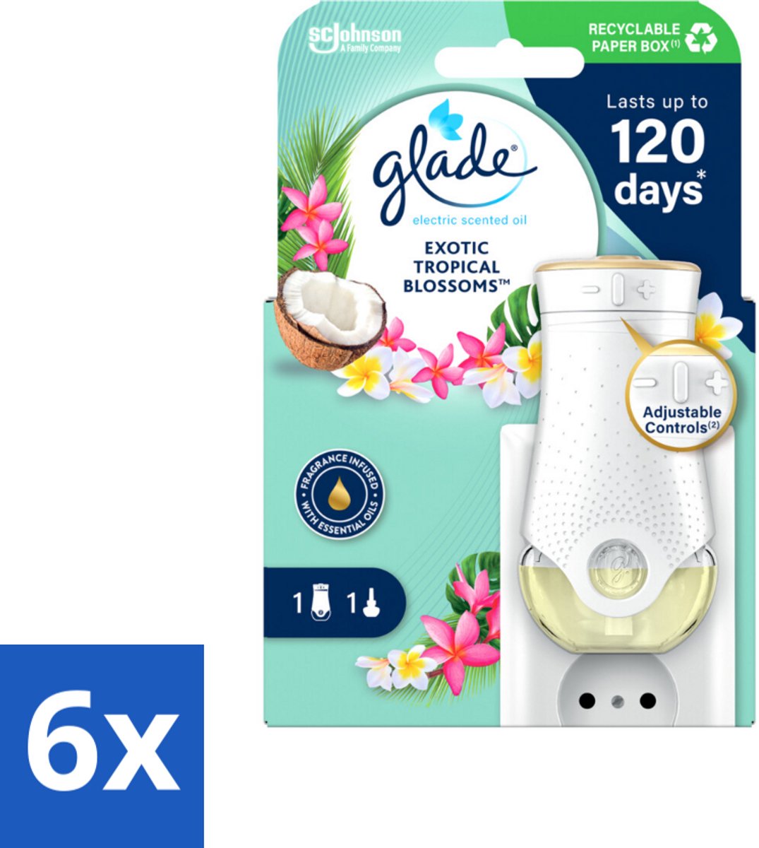 6 x Glade - Houder Elektrische Olie - Exotic Tropical Blossoms - Zonder Navulling - Luchtverfrisser - Geurverspreider - Glade Sense & Spray - Pure Clean Linen - Frisse Geur