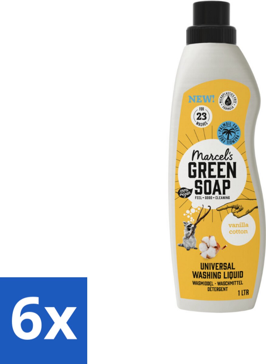 6 x Marcel's Green Soap - Vloeibaar Wasmiddel - Katoen & Vanille - Effectief & natuurlijk - 23 Wasbeurten - 1 Liter - Wasmiddel Katoen - Wasmiddel Vanille - Biologisch Wasmiddel - Milieuvriendelijk Wasmiddel - Natuurlijke Zeep
